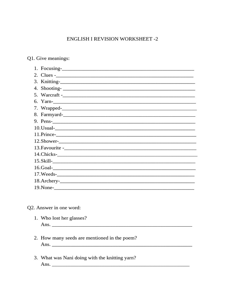 English I Revision Worksheet | PDF