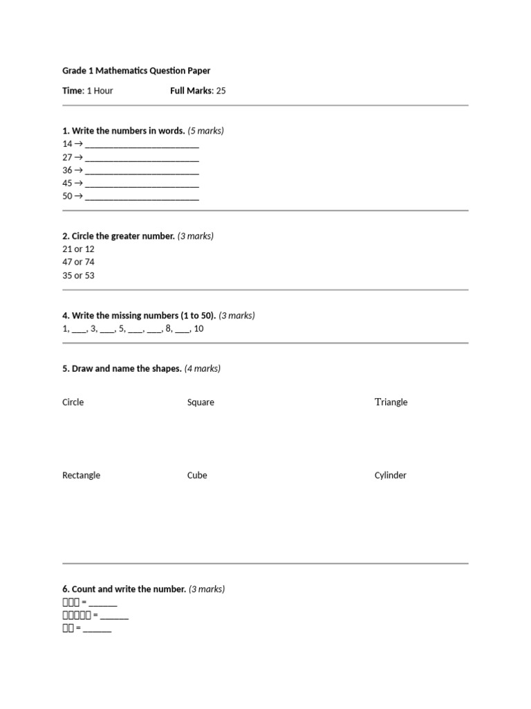 Grade 1 Mathematics Question Paper | PDF