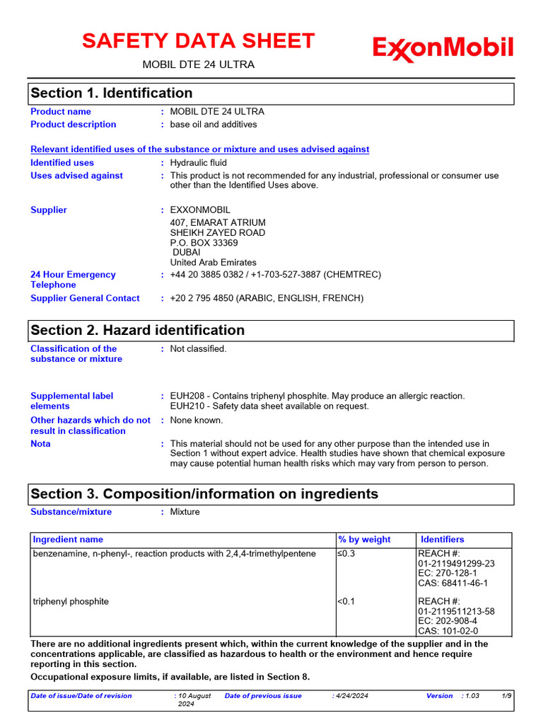 Mobil Dte 24 Ultra (MSDS) - Uae | PDF | Chemical Substances | Materials