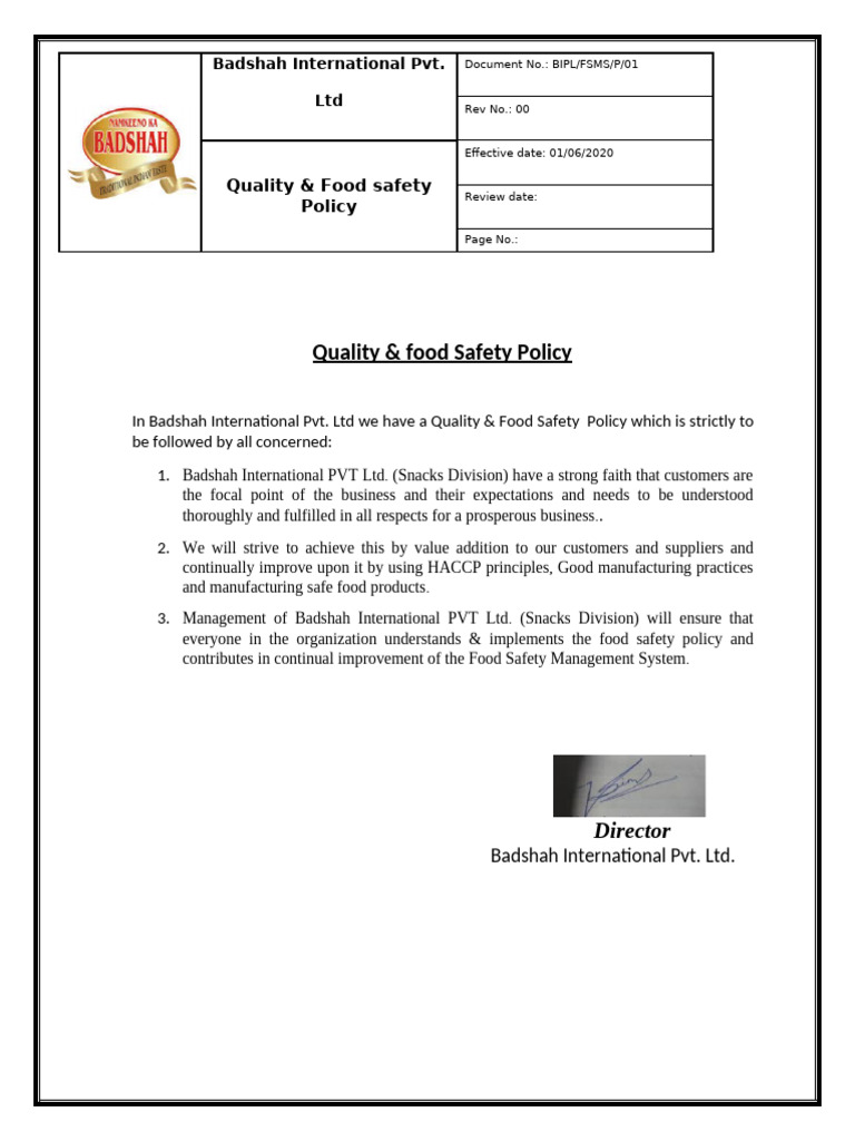 Quality & Food Safety Policy | PDF