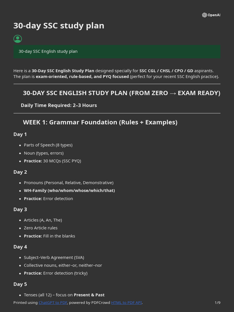 30-Day English SSC Study Plan | PDF