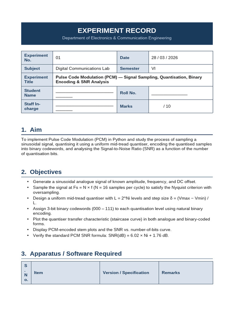 PCM Experiment Record | PDF | Sampling (Signal Processing) | Signal To ...