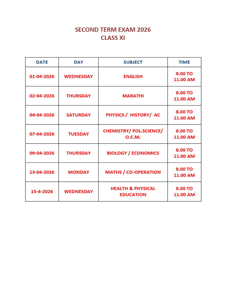 Second Term Exam Time Table 2026 | PDF