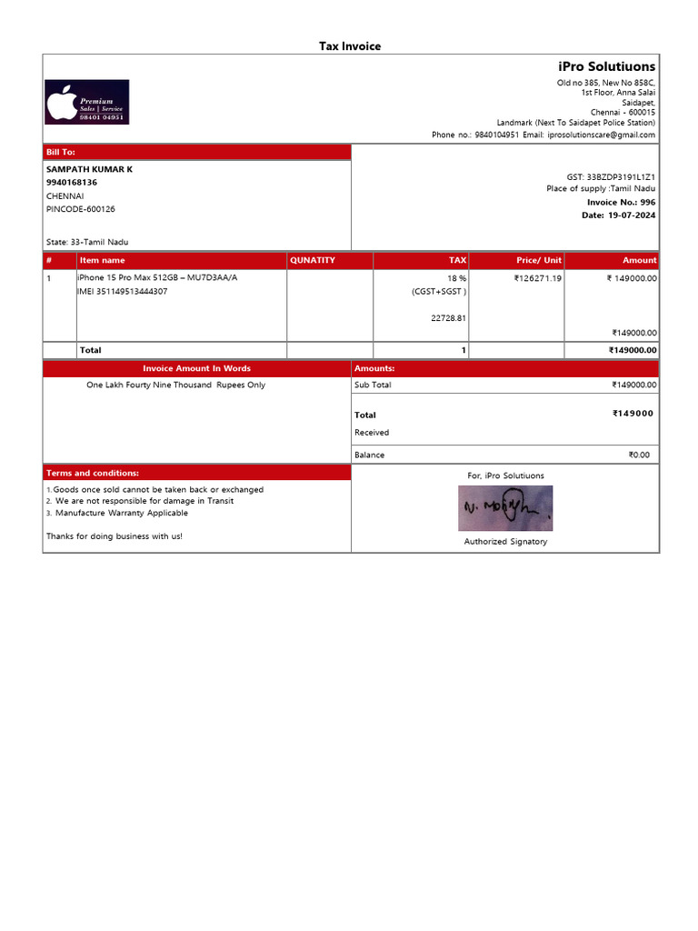 Ipro Solutions - Iphone Purchase Bill | PDF | Smartphone | Apple Inc ...