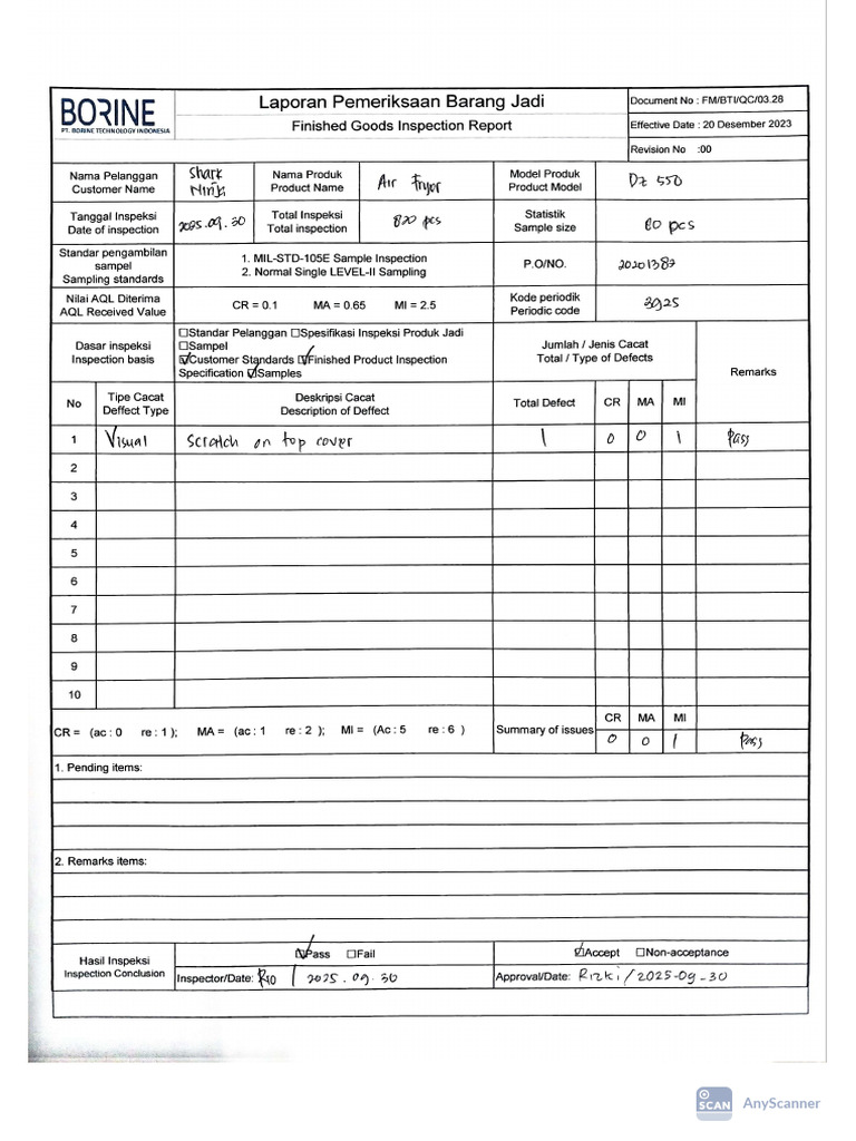 Dz550-Po#20201382 Fqa Report | PDF