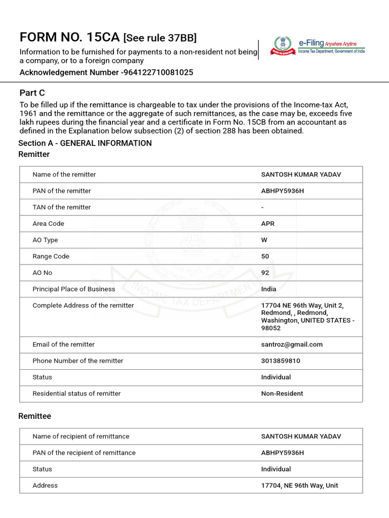 Form 15CA - Filed Form | PDF | Tax Treaty | Capital Gains Tax