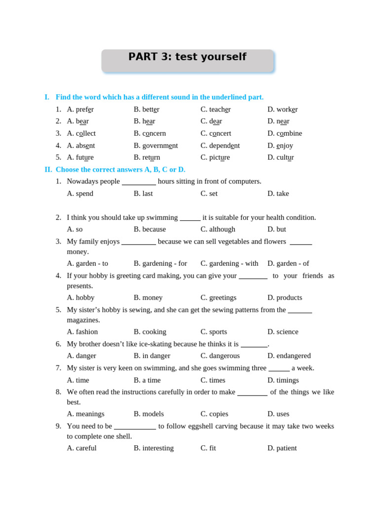 Test Yourself Unit 1 Anh 7 | PDF