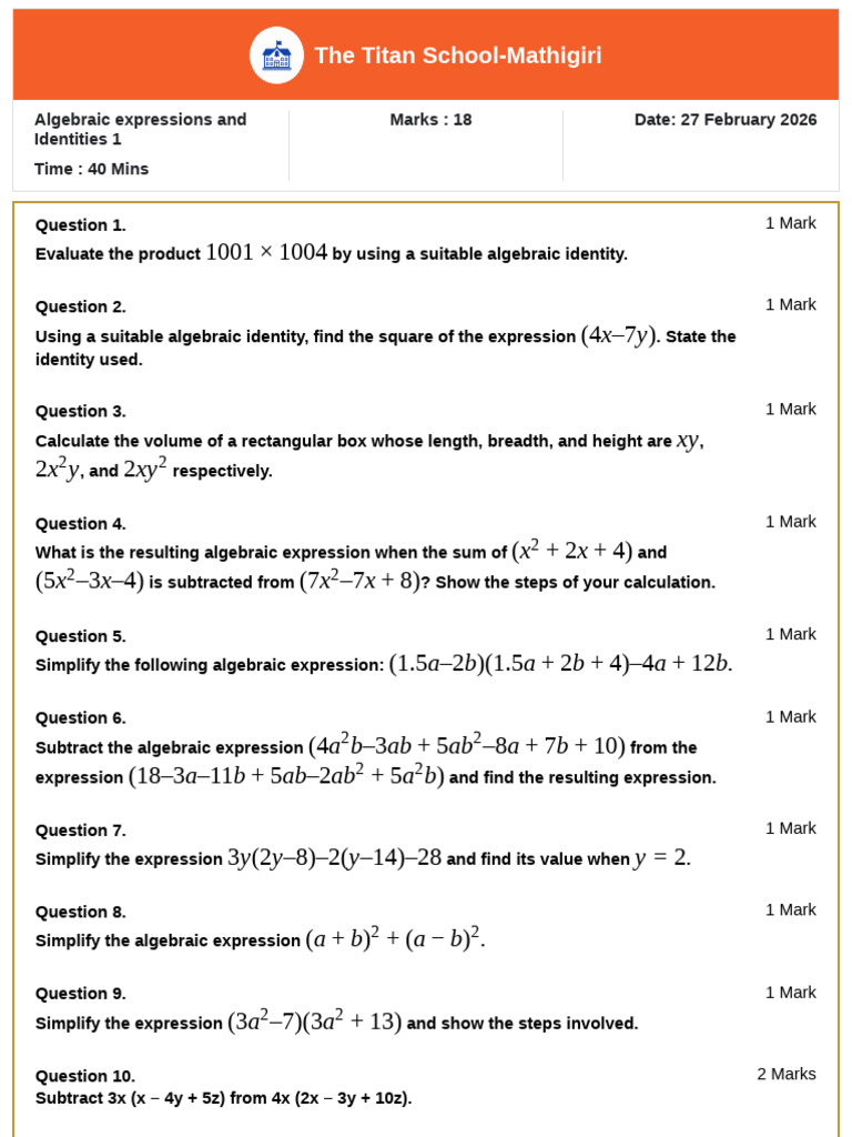 Algebraic Expressions and Identities 1 | PDF | Mathematics | Algebra