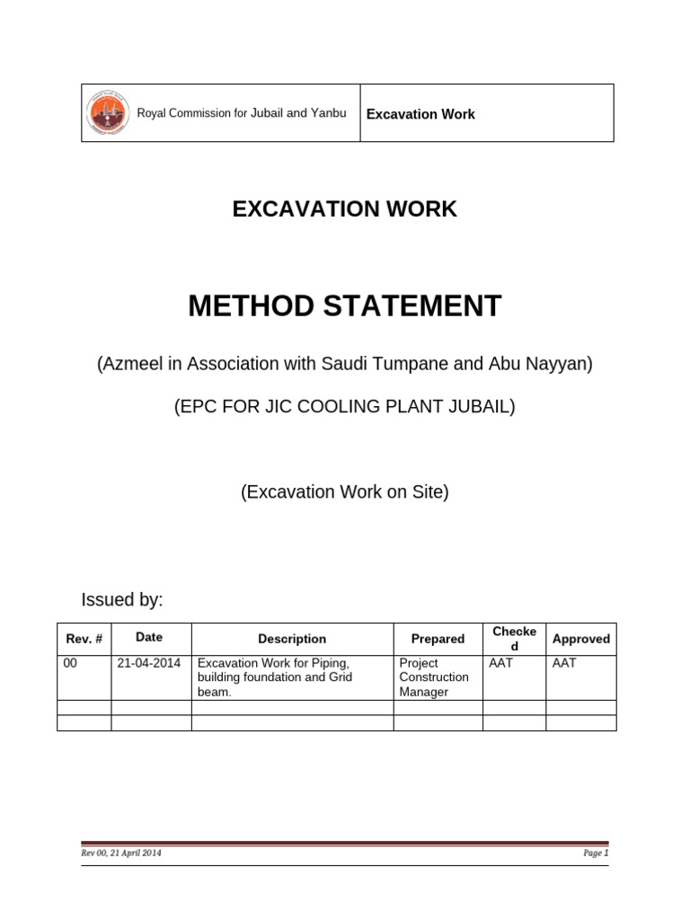 Method Statement For Excavation Work | PDF | Safety | Occupational ...
