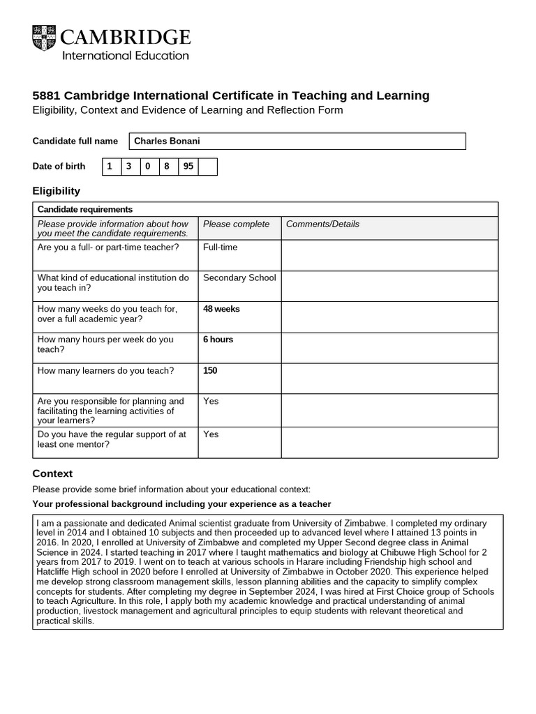 5881 Eligibility Context and Evidence of Learning and Reflection Form ...