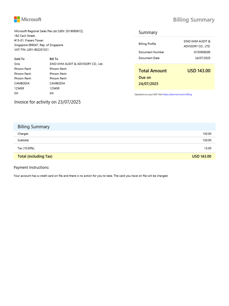 Billing Summary: Total Amount USD 143.00 | PDF | Invoice | Services ...