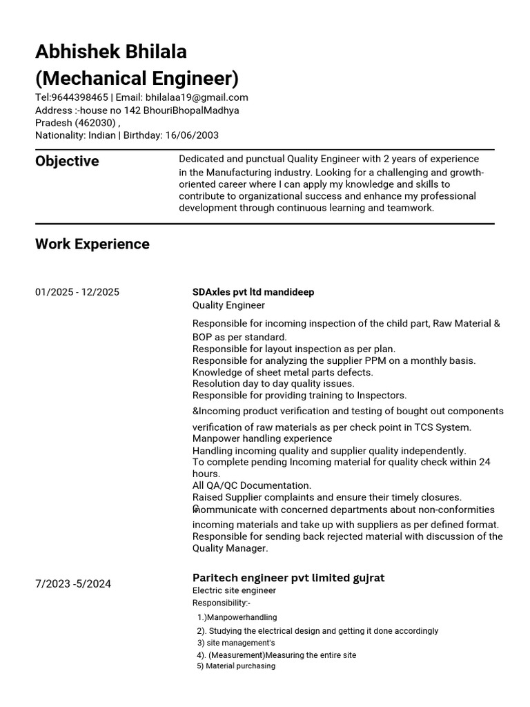 Abhishek Bhilala (Mechanical Engineer) : Objective | PDF