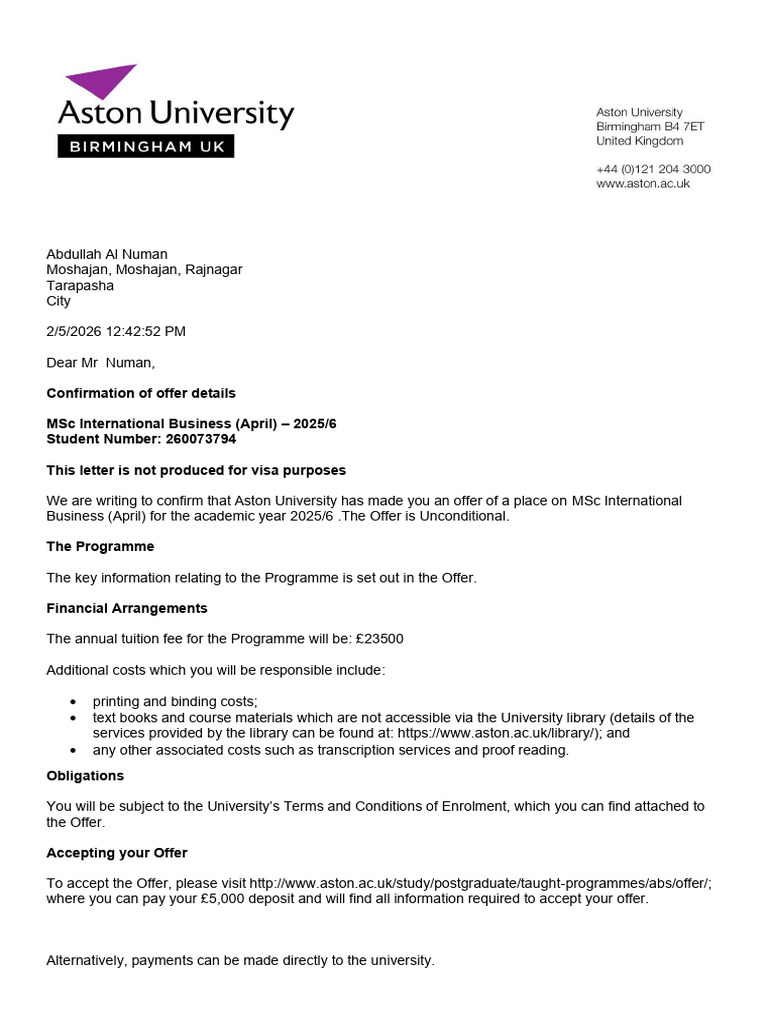 Unconditional Offer Letter | PDF