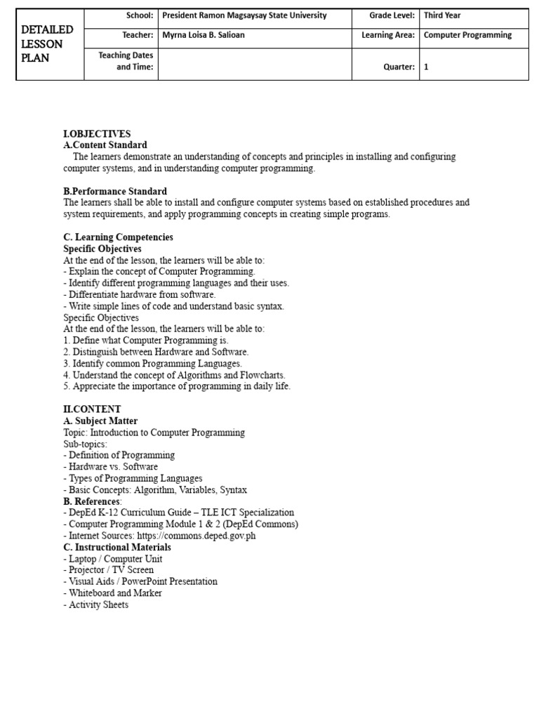 Detailed Lesson Plan | PDF | Computer Programming | Programming Language