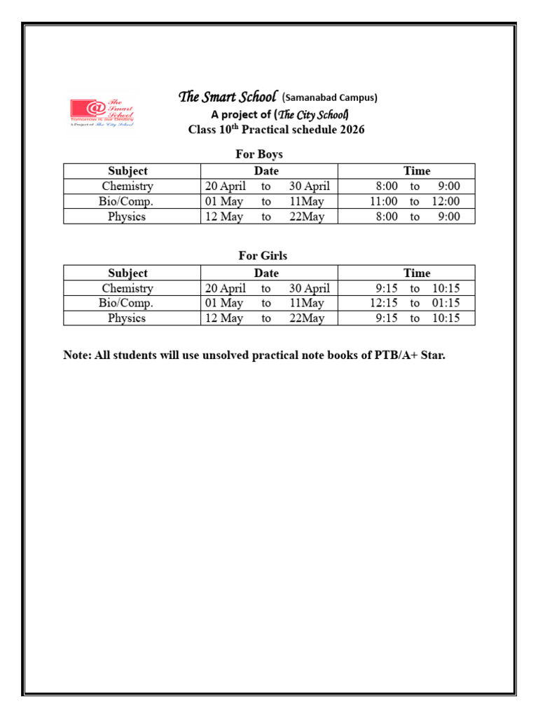 10th Class Practical Schedule 2026 | PDF