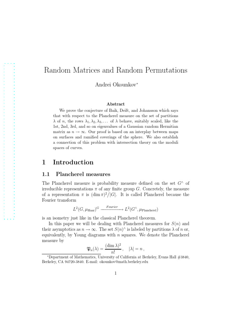 Random Matrices and Random Permutations: Andrei Okounkov | PDF