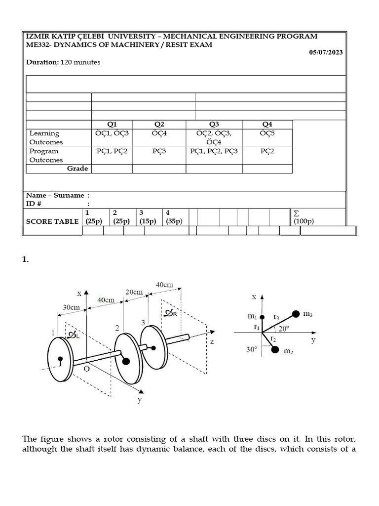 Dynamics of Machinery ME332 Resit Exam Solutions | PDF | Pendulum | Torque