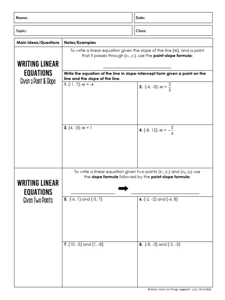 Writing Linear Equations: Given A Point & Slope | PDF | Equations ...