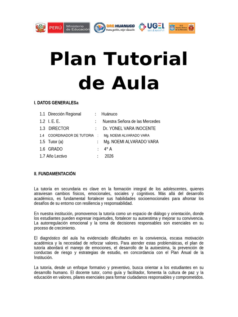 Plan Tutorial de Aula 2026 - Sugerido | PDF | Las emociones ...