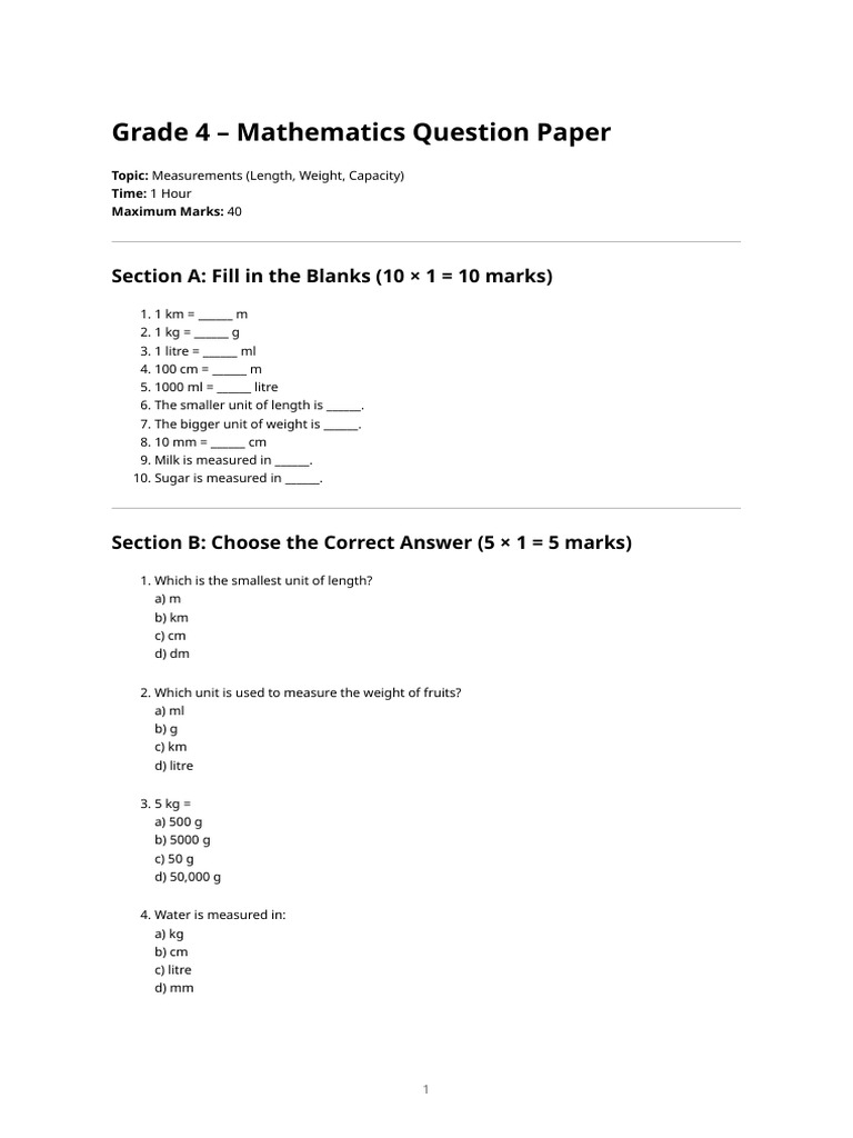 Grade 4 Mathematics Question Paper - Measurements | PDF