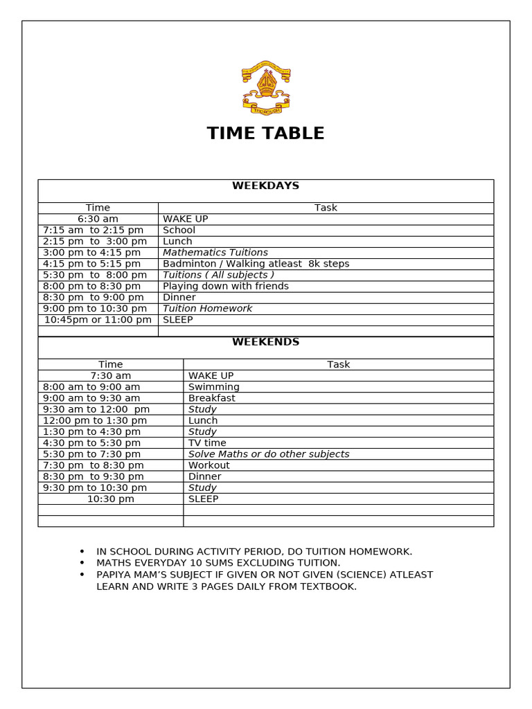 Time Table: Weekdays | PDF