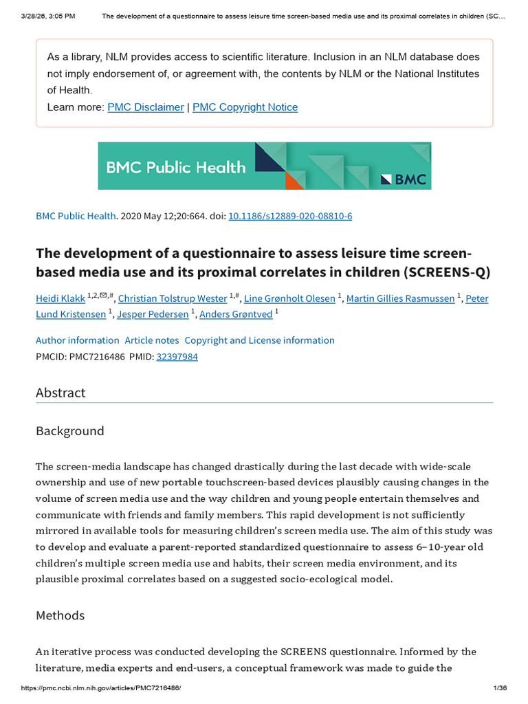 The Development of A Questionnaire To Assess Leisure Time Screen-Based ...
