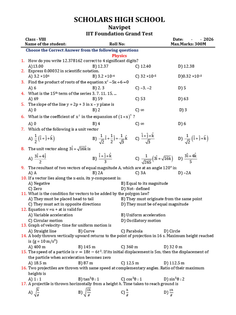 Class - Viii - Iit - Grand Test - Scholars High School | PDF