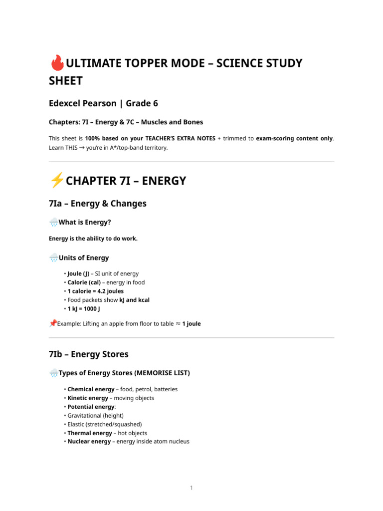 Ultimate Topper Study Sheet - 7i (Energy) & 7c (Muscles & Bones) | PDF ...