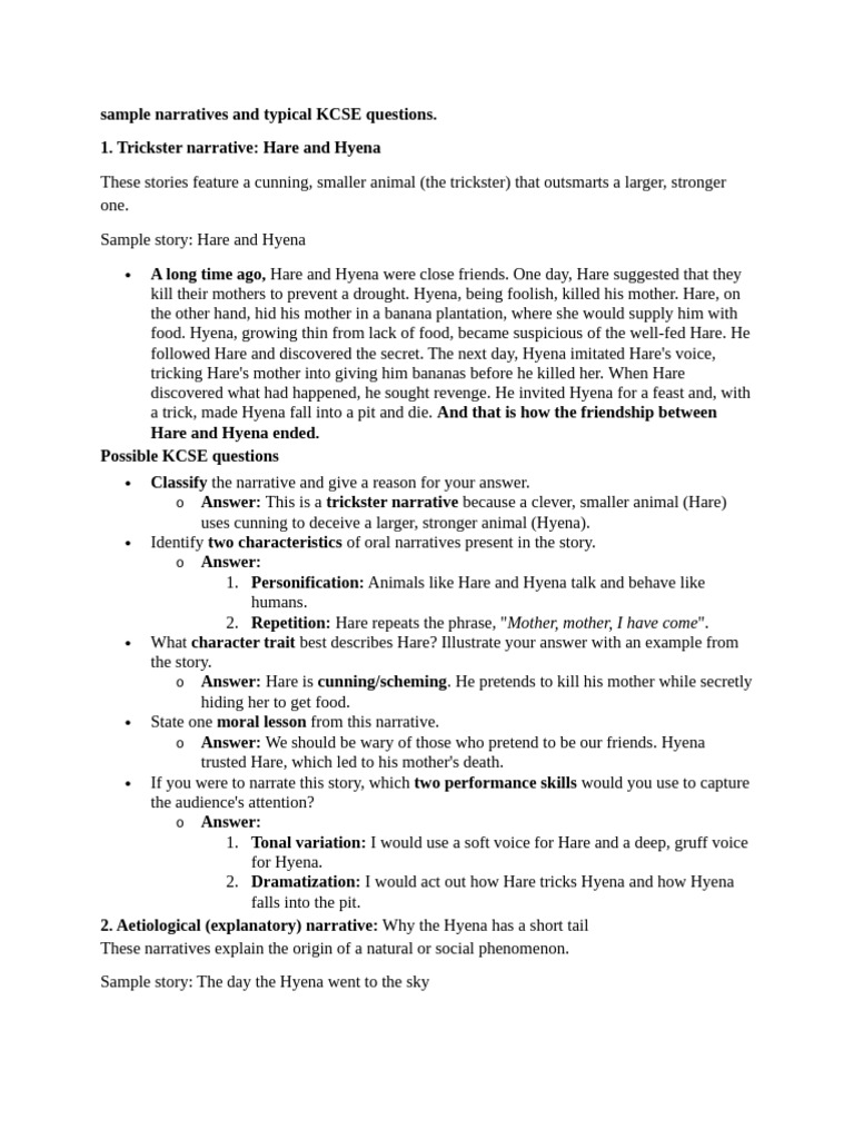 Oral Narratives Possible Questions and Answers | PDF | Narrative | Hero
