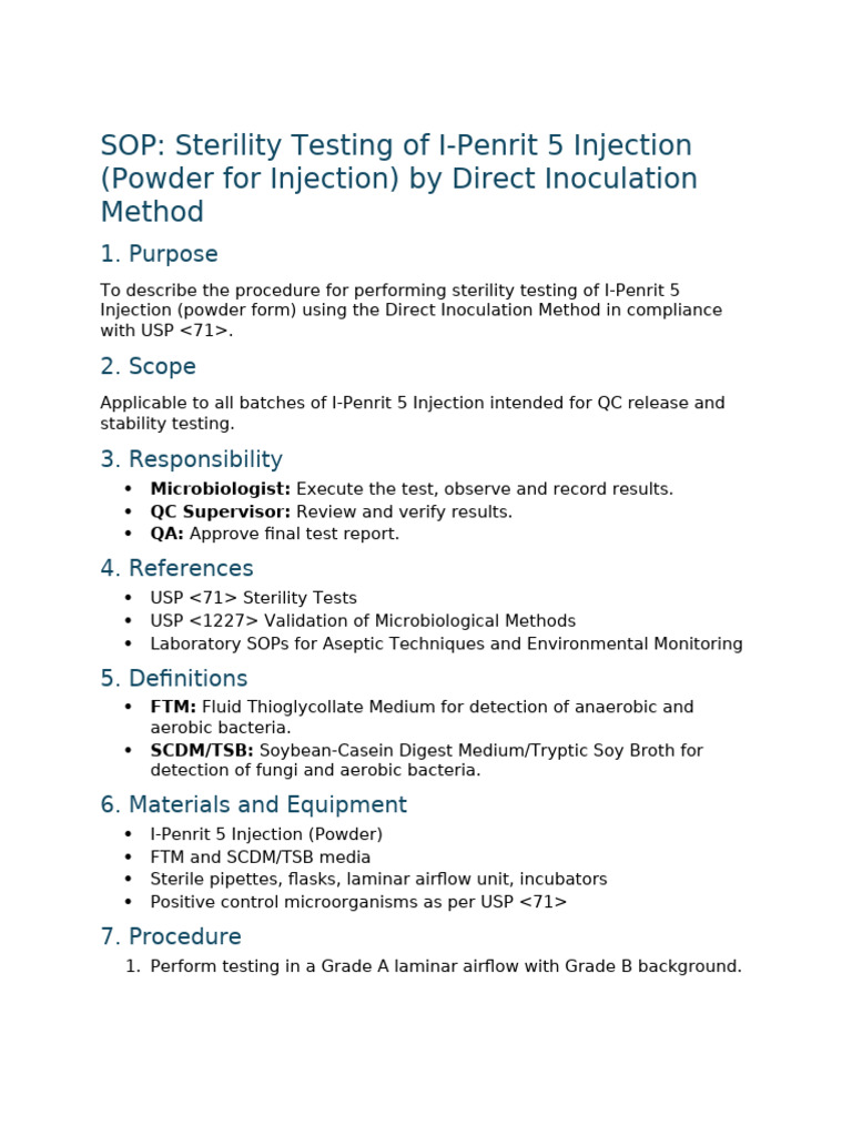 Sop Sterility Testing Direct Inoculation | PDF | Sterilization ...