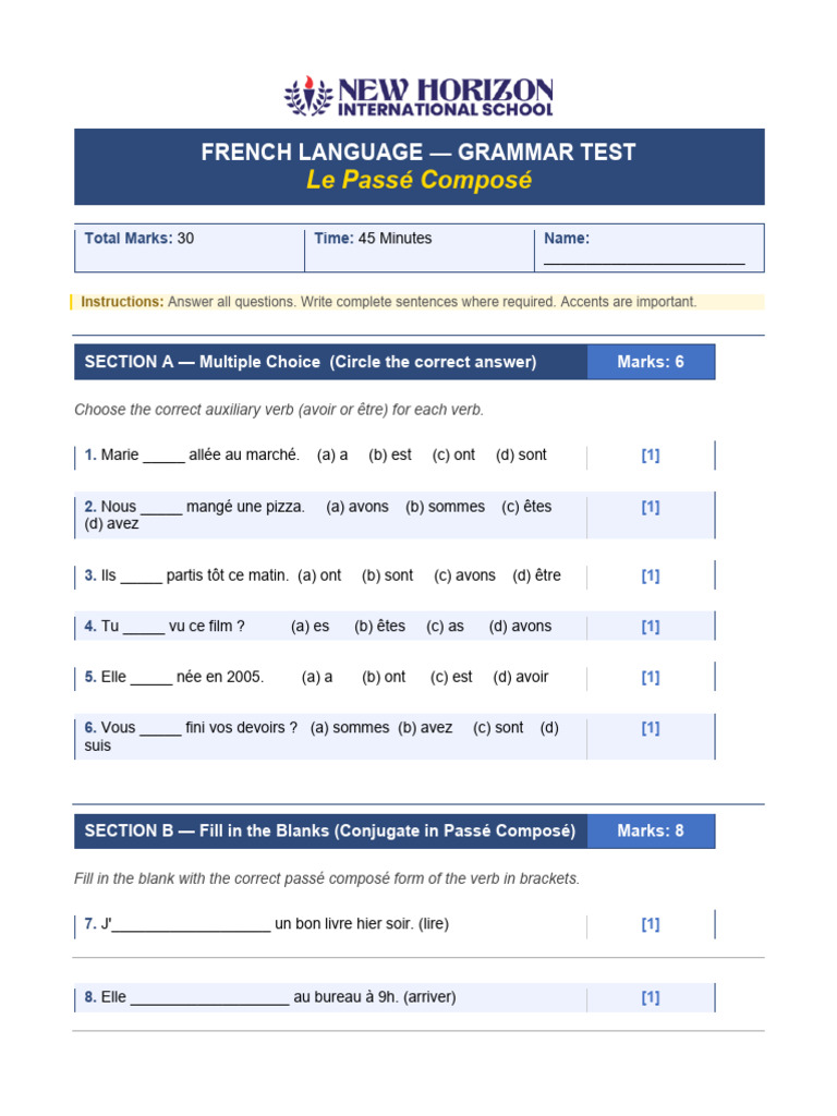 GR 8 3L Passe Compose QP 30marks WKSH | PDF | Échecs | Théorie (échecs)