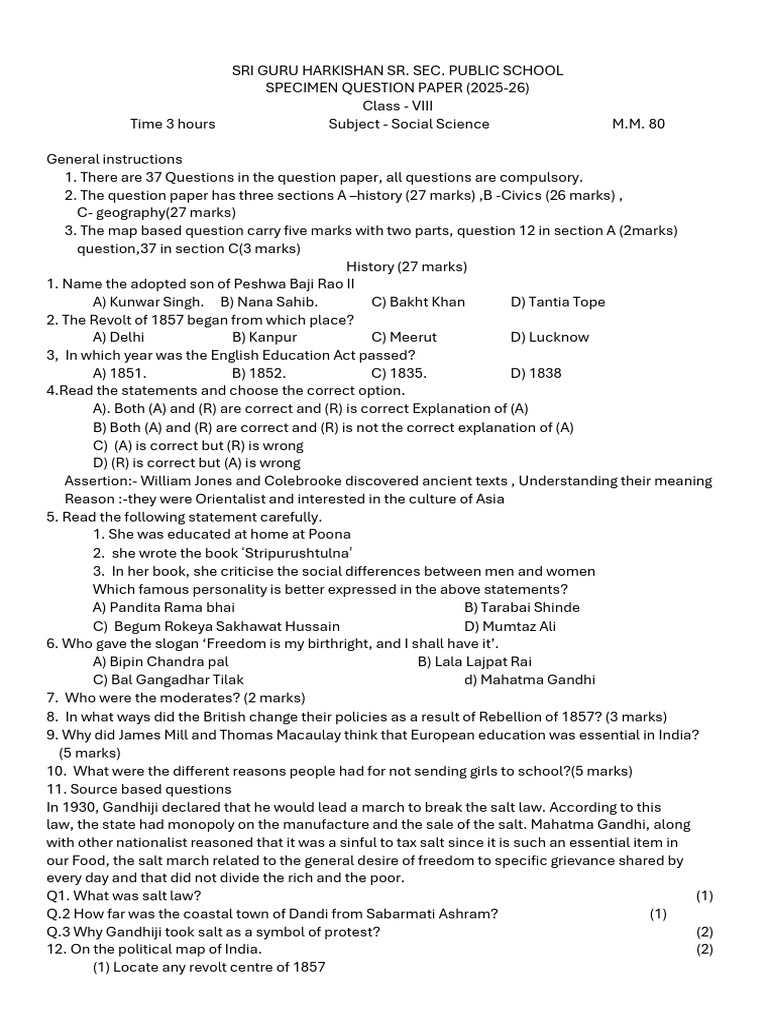 Sample Paper Class 8th Social Science | PDF