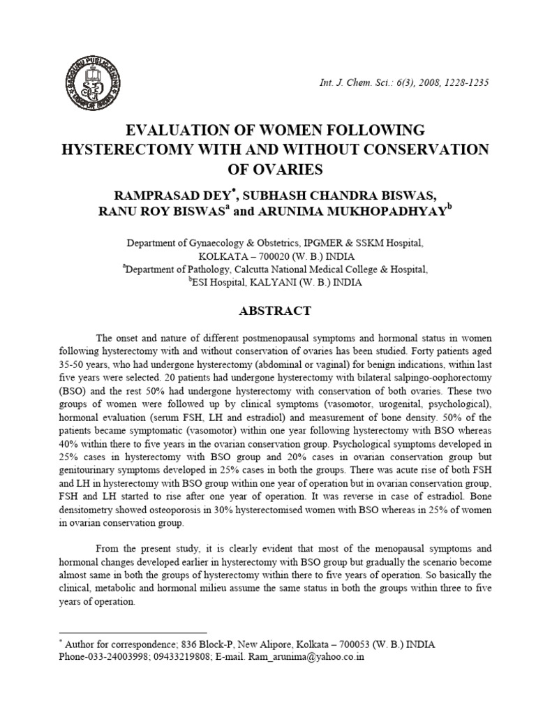 Evaluation of Women Following Hysterectomy With and Without ...