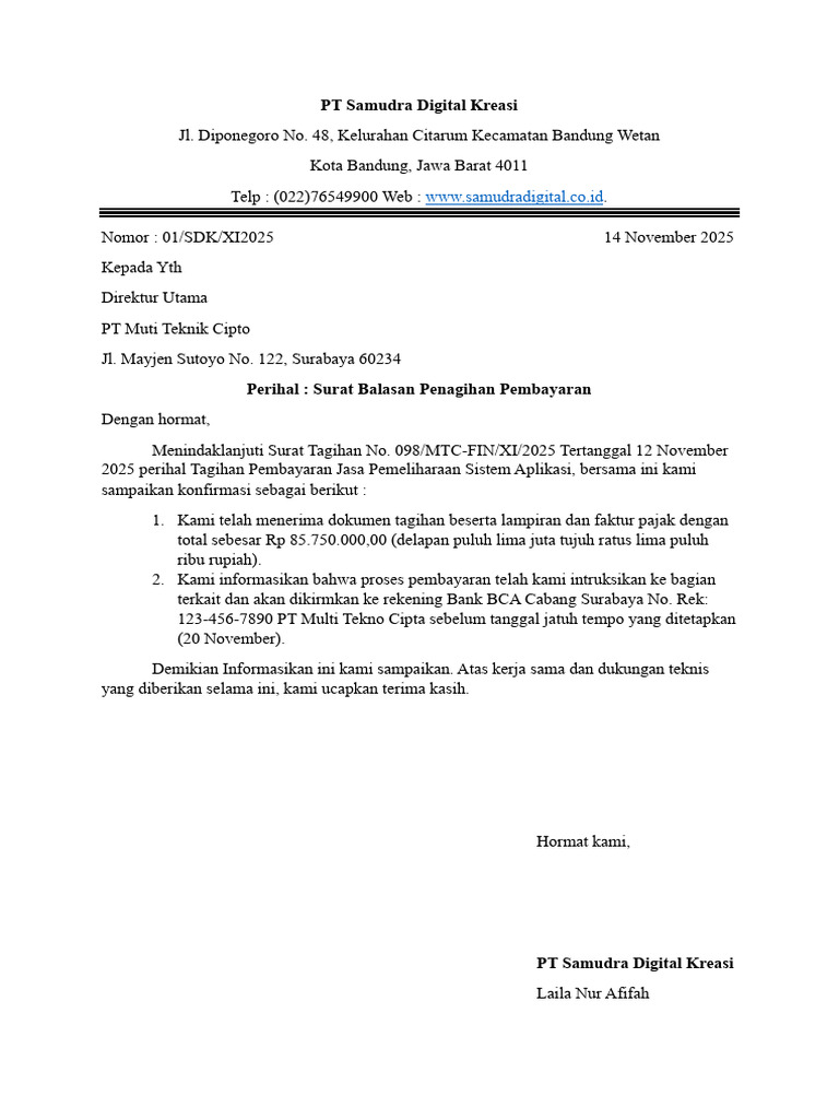 Surat Balasan PT Samudra Digital Kreasi | PDF