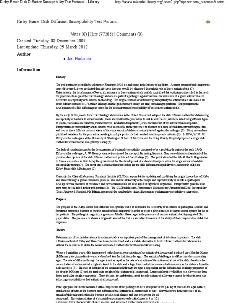 Kirby-Bauer Disk Diffusion Susceptibility Test Protocol - Library | PDF ...