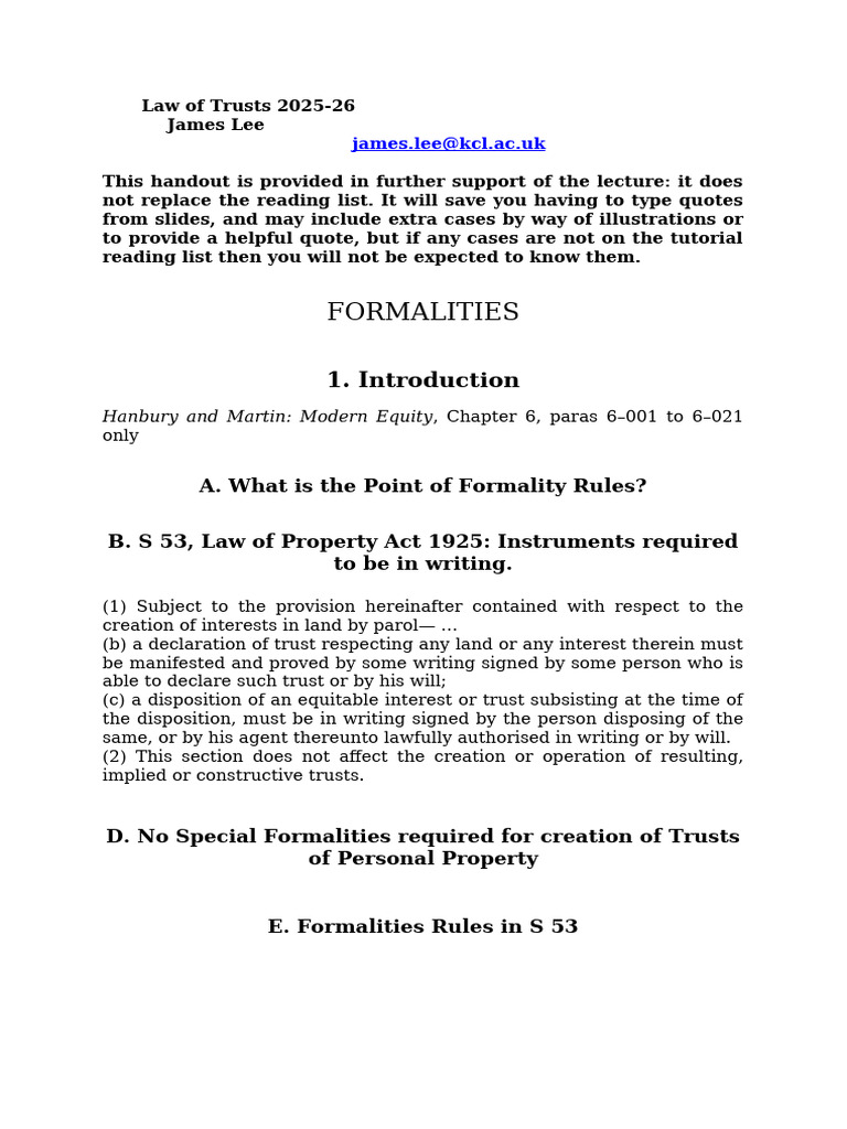 Formalities Word Handout | PDF | Specific Performance | Equity (Law)