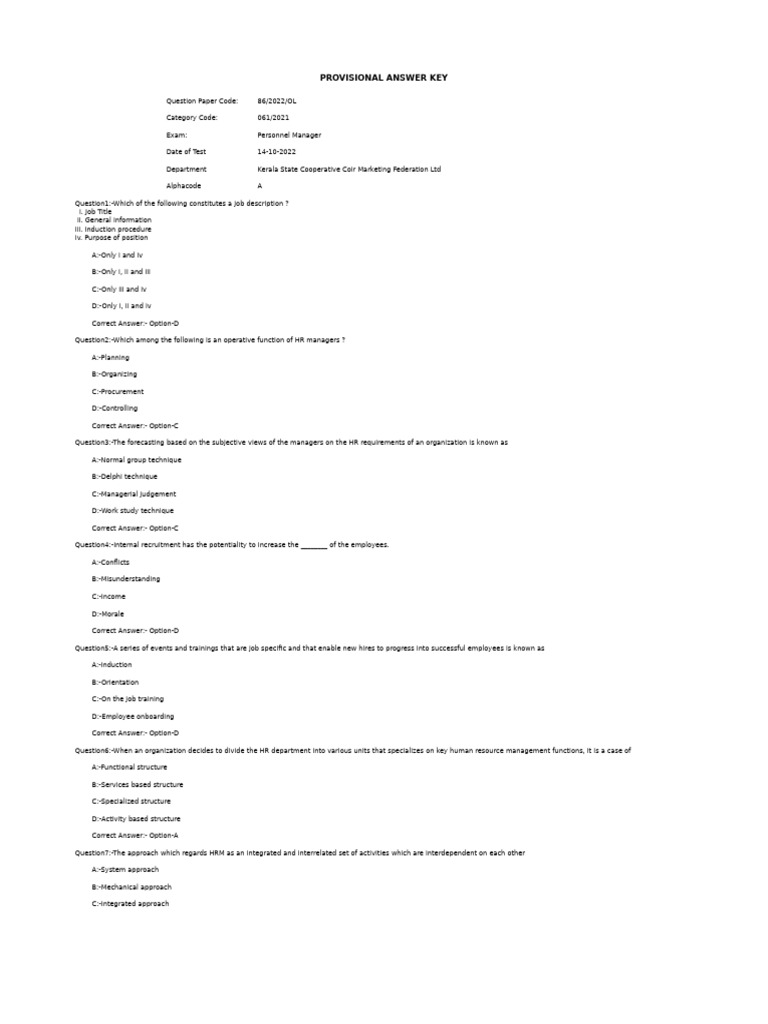 Provisional Answer Key Personnel Manager | PDF | Recruitment | Human ...