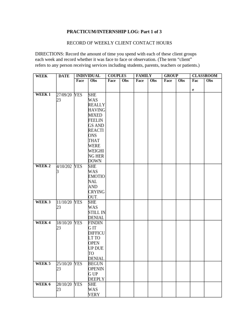 Client 1 Practicum Logs | PDF