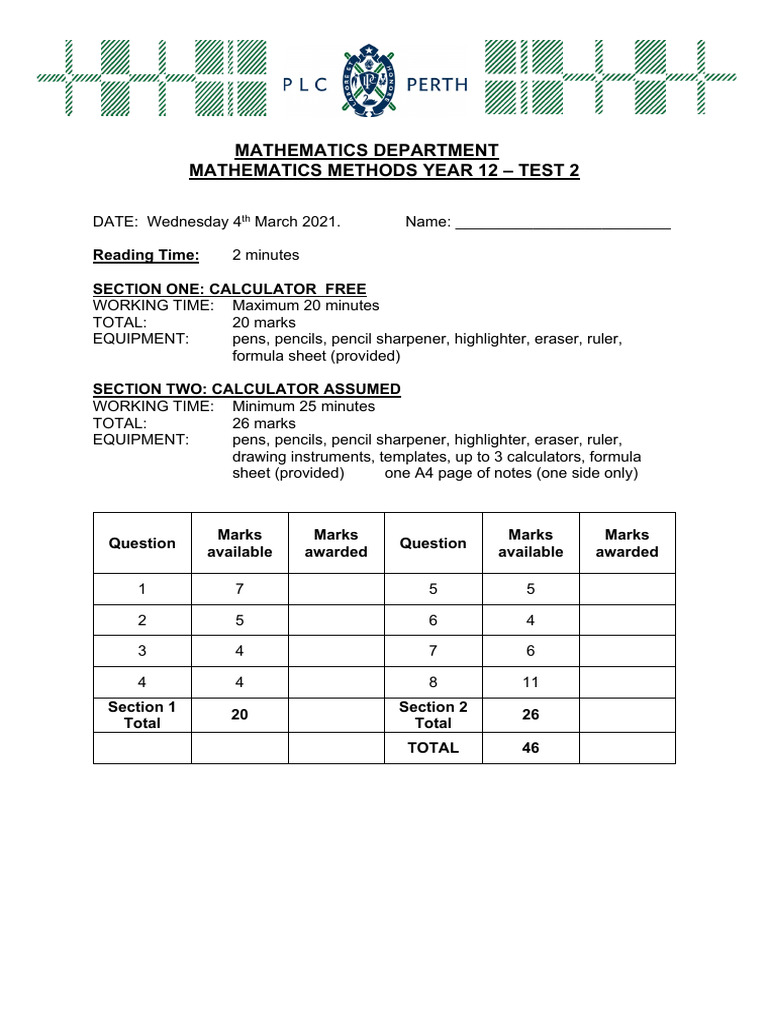 2021 Yr 12 Methods Test 2 | PDF | Area | Radioactive Decay