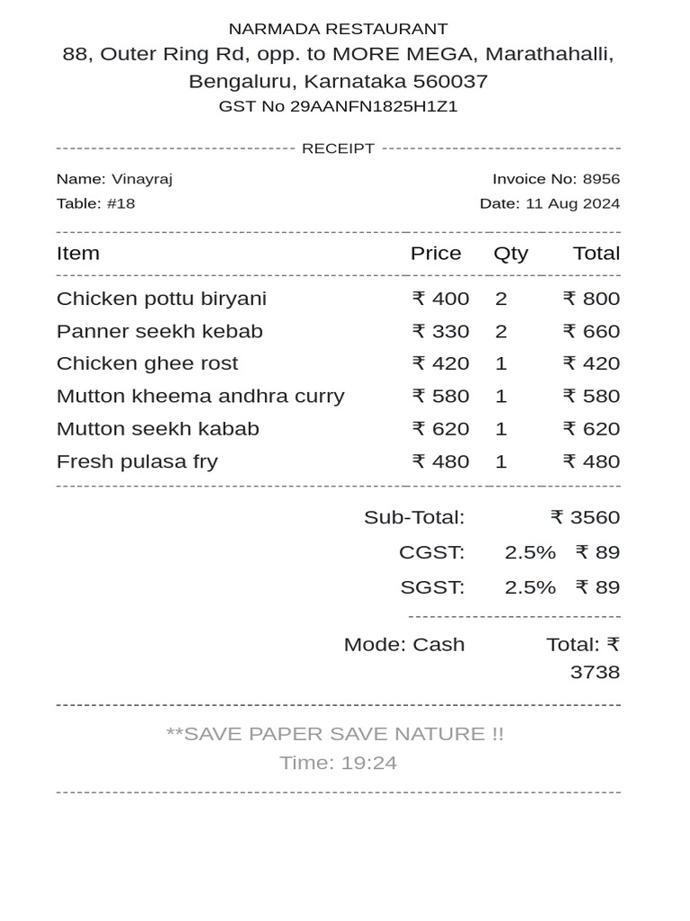 Restaurant Bill Template 2 | PDF