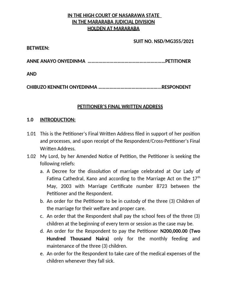 Petitioner's Final Written Address - Onyedinma vs. Onyedinma - Final ...