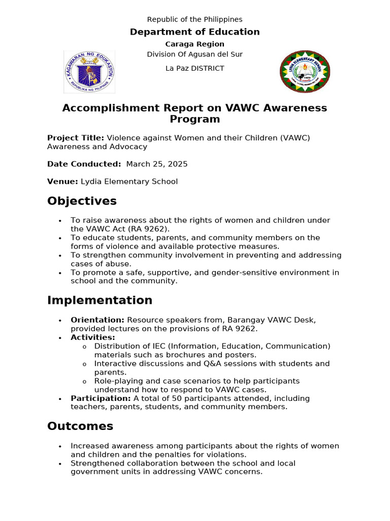 Accomplishment Report On VAWC | PDF