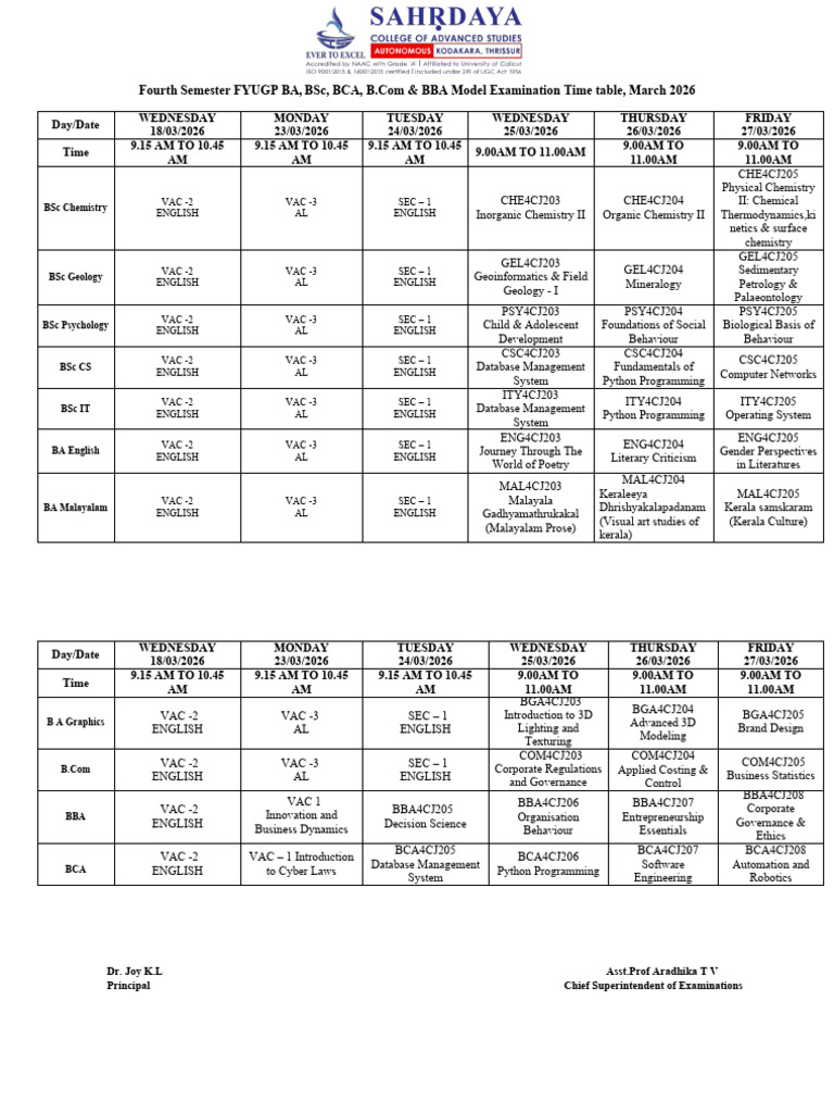 4th Sem Model Exam Timetable March 2026 REVISED | PDF | Physical Sciences