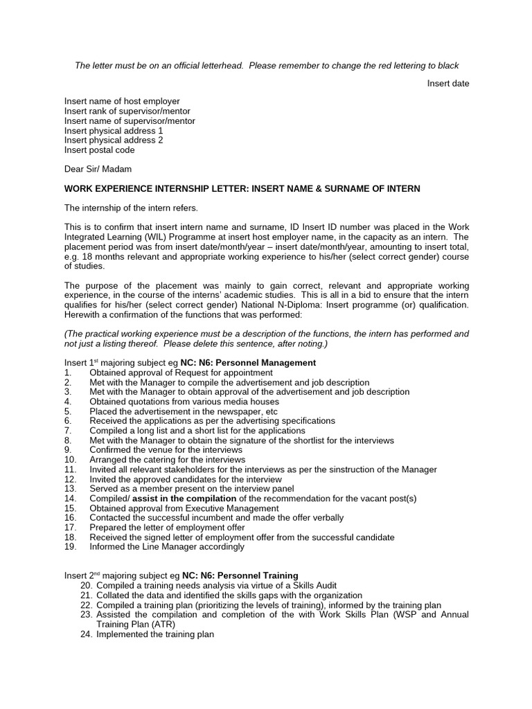 WIL Practical Working Experience Letter - EXAMPLE | PDF | Internship ...