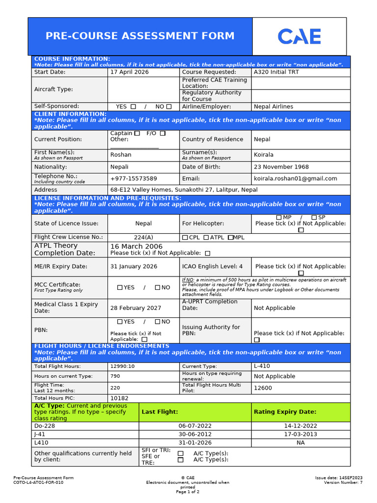 CAE-ATO-Pre-Course Assessment Form - Updated | PDF | Aviation