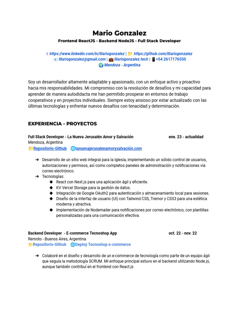 CV Mario Gonzalez FullStack Developer | PDF | Aplicación movil | Red ...