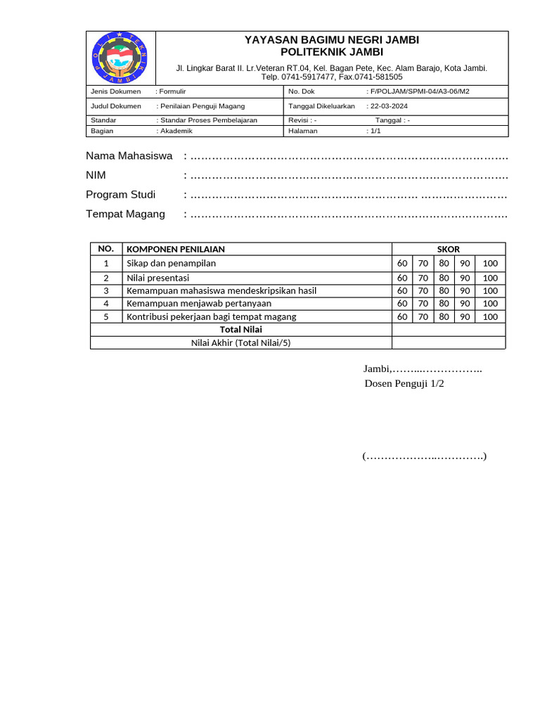 F POLJAM SPMI-04 A3-06 M3-Penilaian Dosen Penguji Magang | PDF