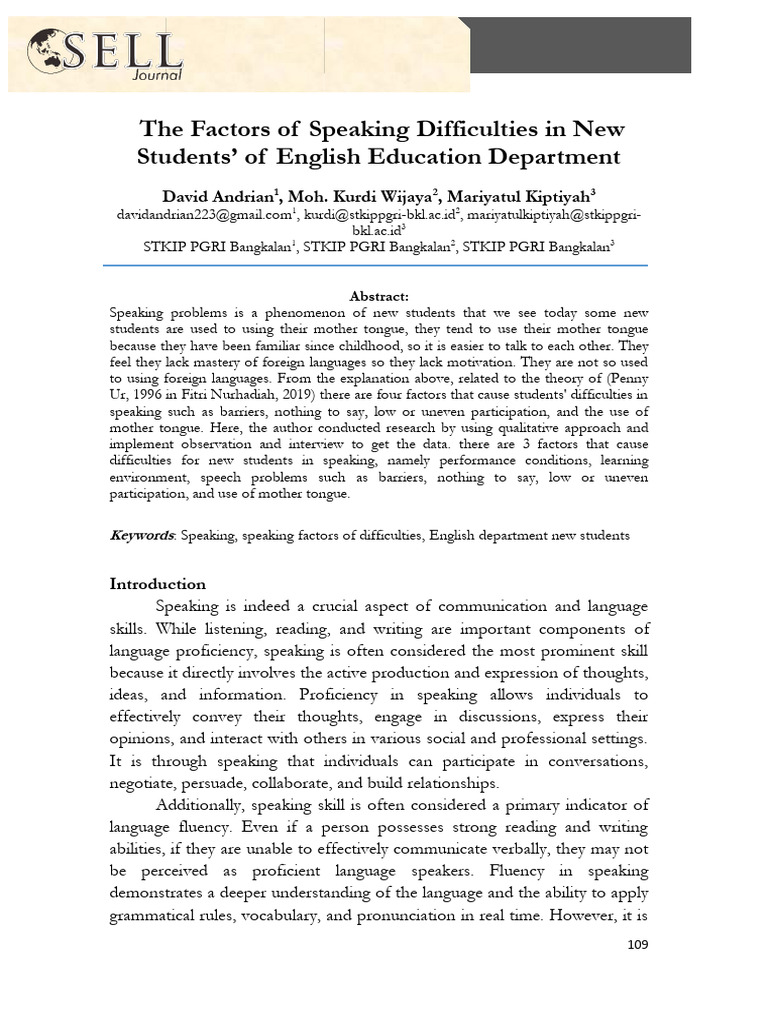 The Factors of Speaking Difficulties in New Students' of English ...