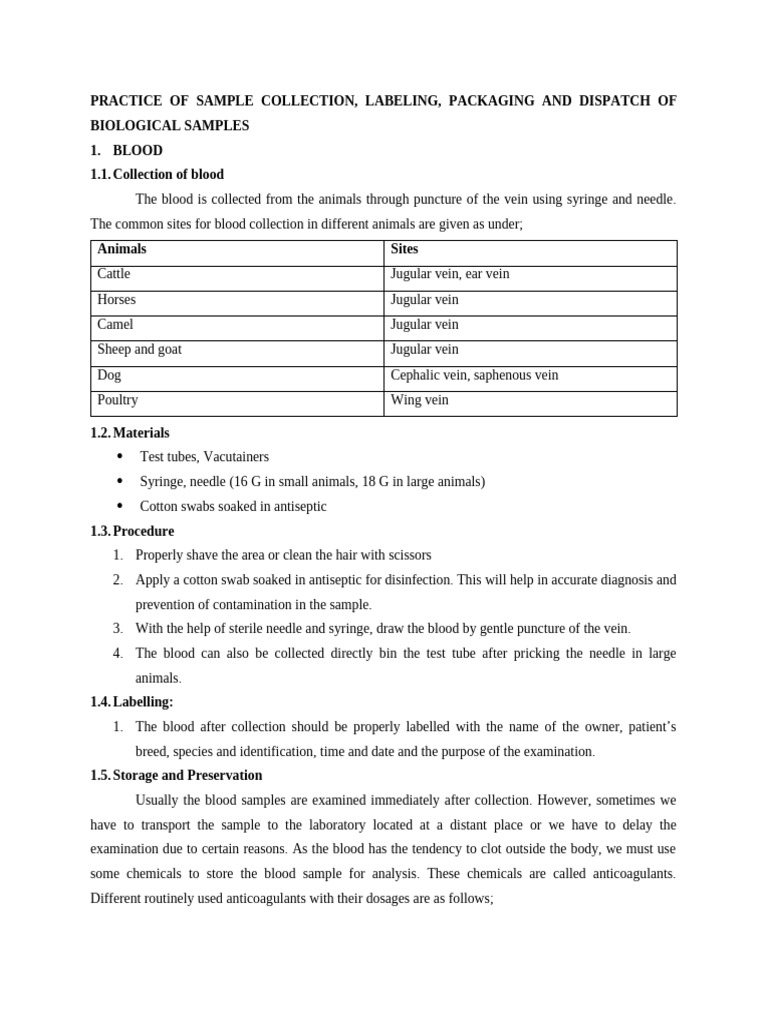 Blood. Practice of Sample Collection, Labeling, Packaging and Dispatch ...