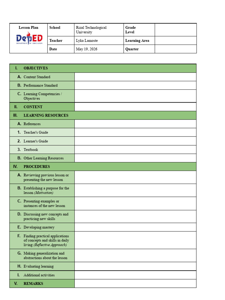 Profed4 Deped Lesson Plan Template | PDF
